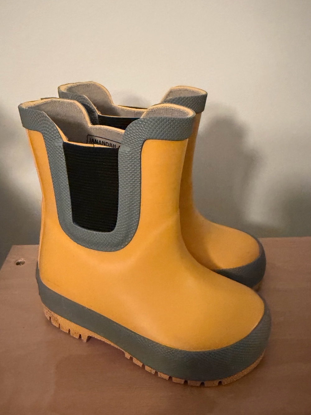 Children's Yellow Waterproof Pull-On Boots with Gray Trim